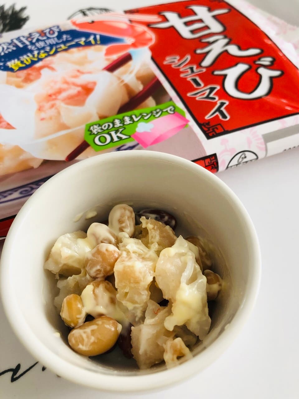 お弁当に◎甘えびシューマイとミックスビーンズのマヨ和えの完成写真