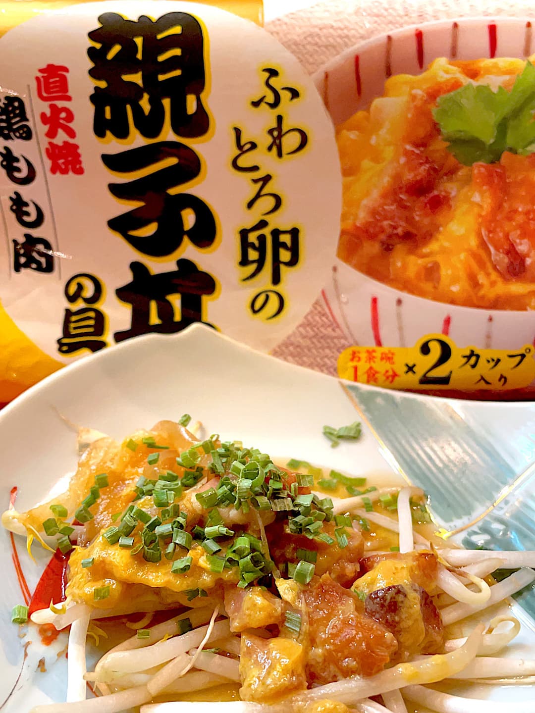 親子丼ともやしのめんつゆがけの完成写真