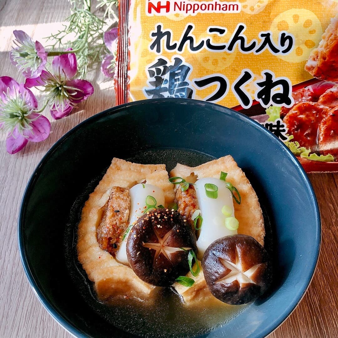厚揚げで餅とつくねのはさみ煮の完成写真