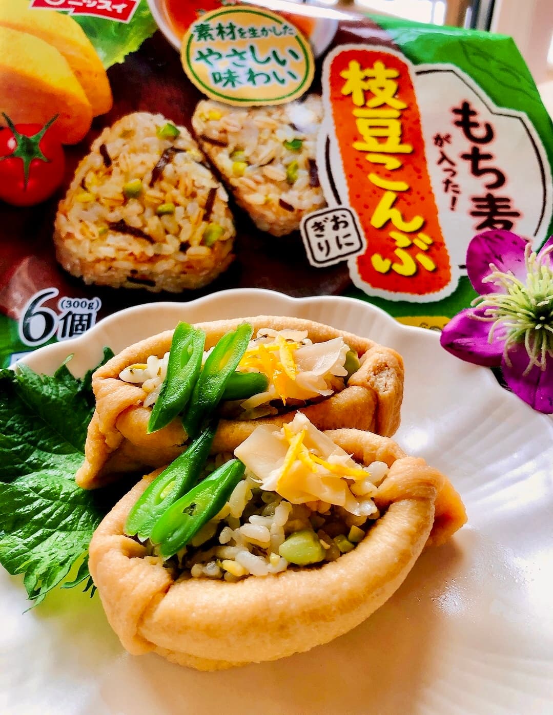 もち麦おにぎりでお稲荷さんの完成写真