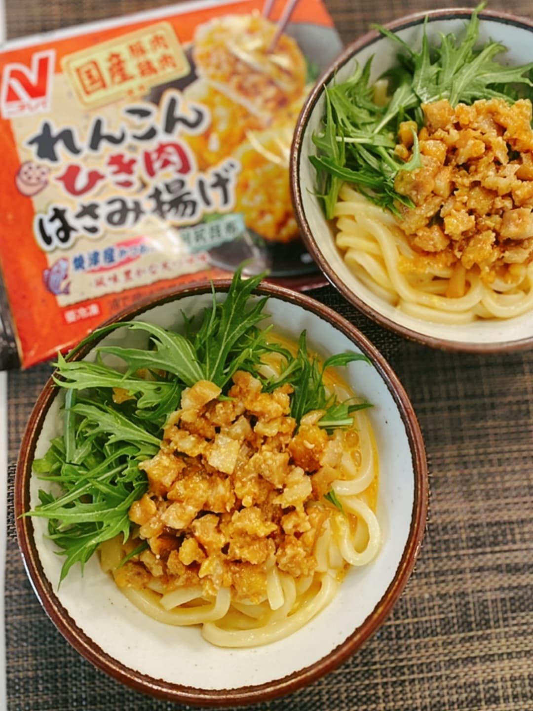 れんこん肉味噌釜玉うどんの完成写真