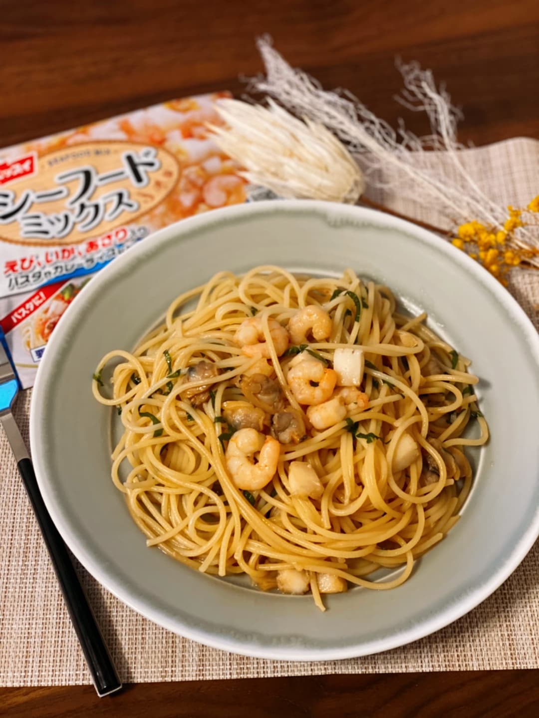 シーフードの和風パスタの完成写真