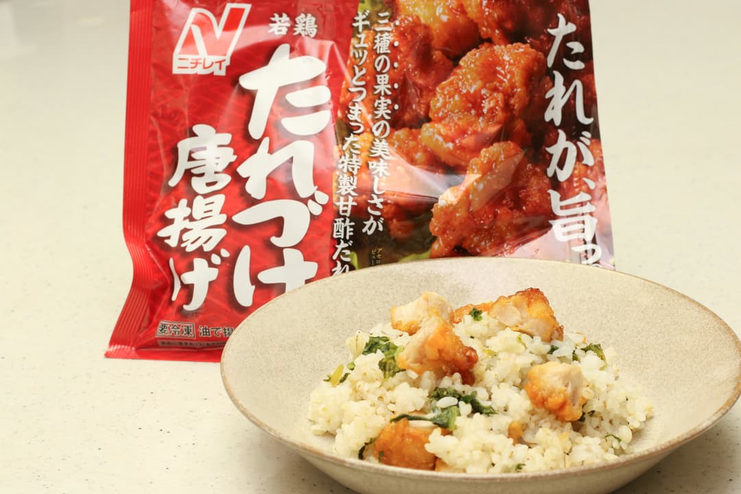 大根葉の漬物と唐揚げの混ぜご飯の完成写真