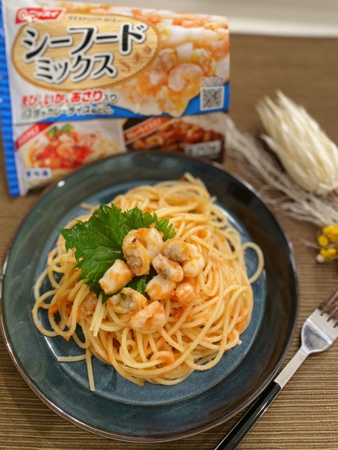 たらことシーフードの和風パスタの完成写真