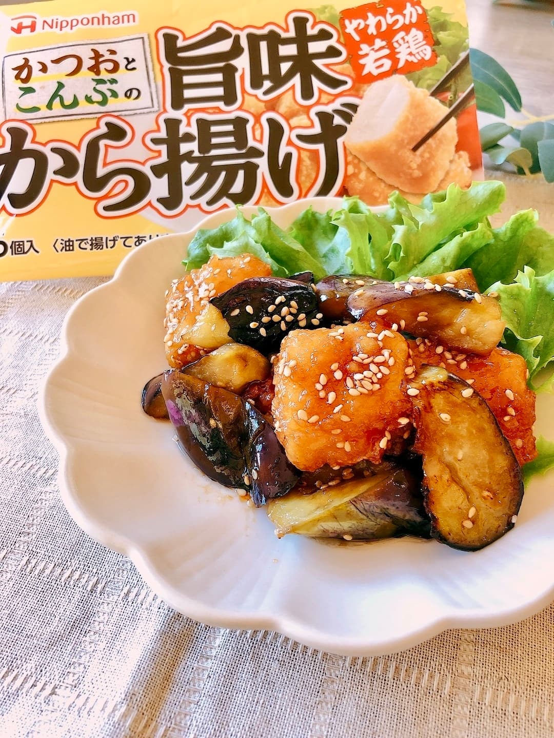 茄子とから揚げの甘辛炒めの完成写真
