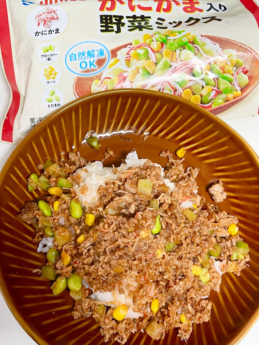かにかま野菜とひき肉のケチャップそぼろご飯の完成写真