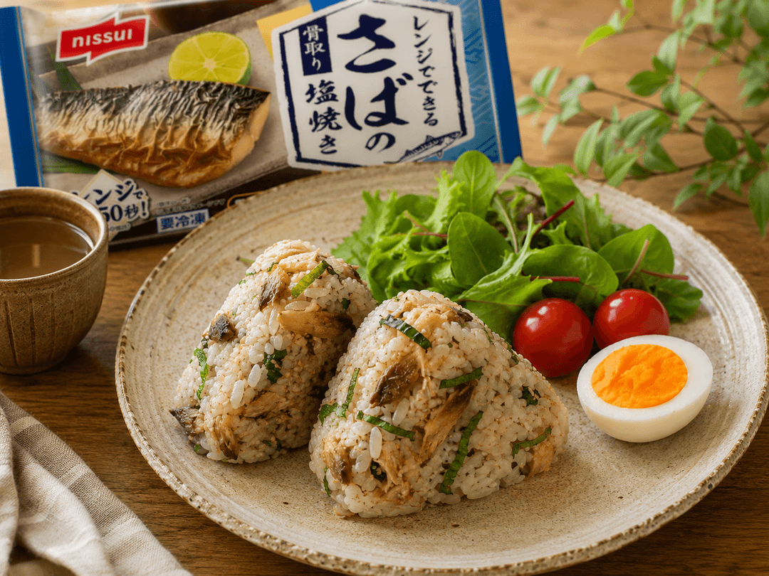 さばの塩焼きと大葉の和風おにぎりプレートの完成写真