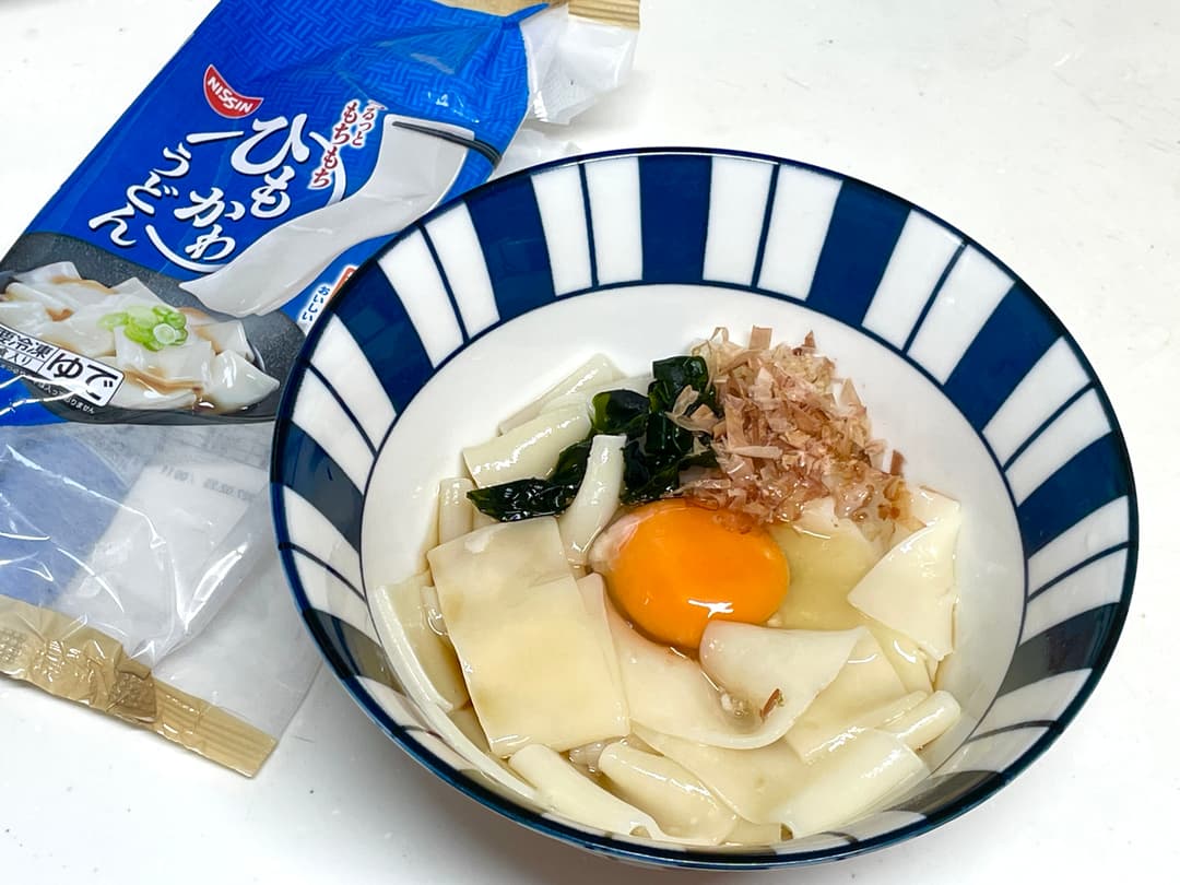 ひもかわ釜玉うどんの完成写真