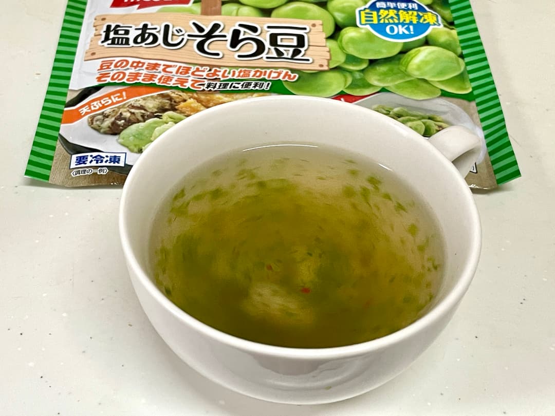 そら豆と青のりのピリ辛スープの完成写真
