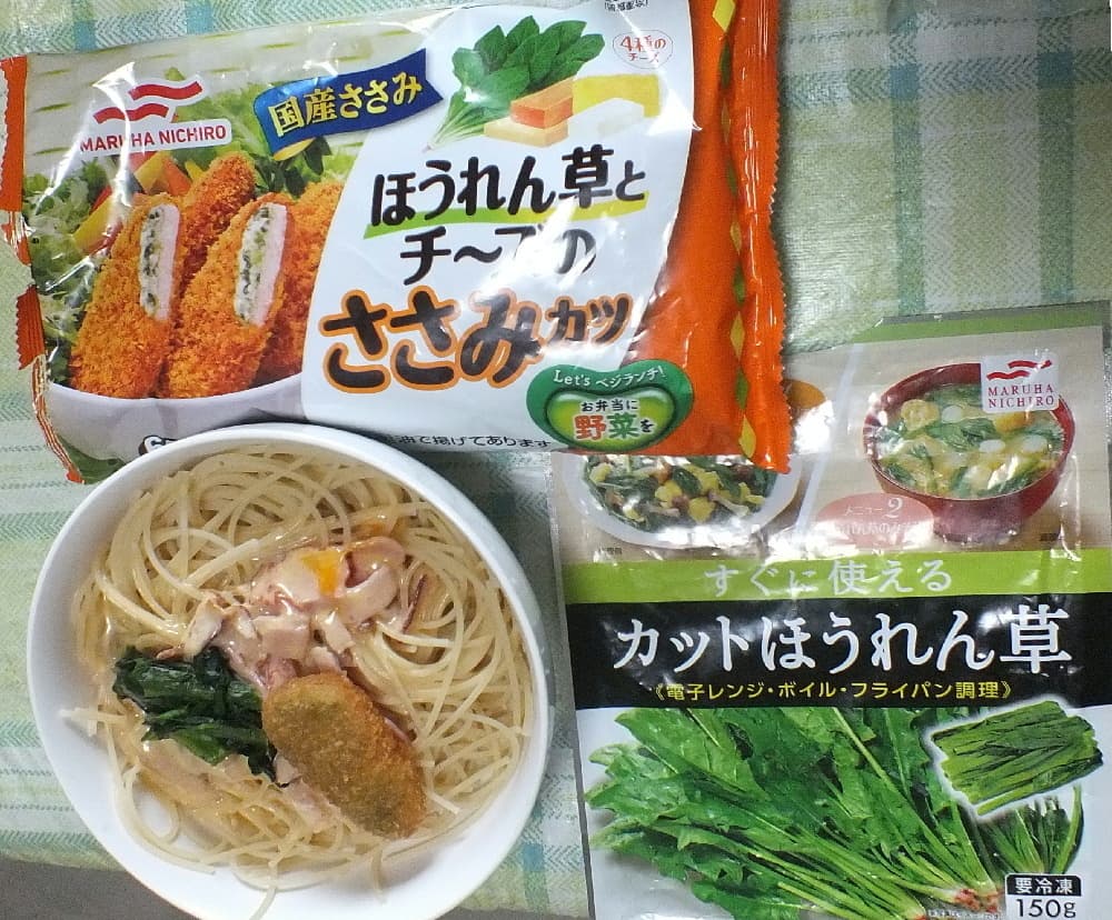 ほうれん草チーズささみカツ乗せカルボナーラの完成写真