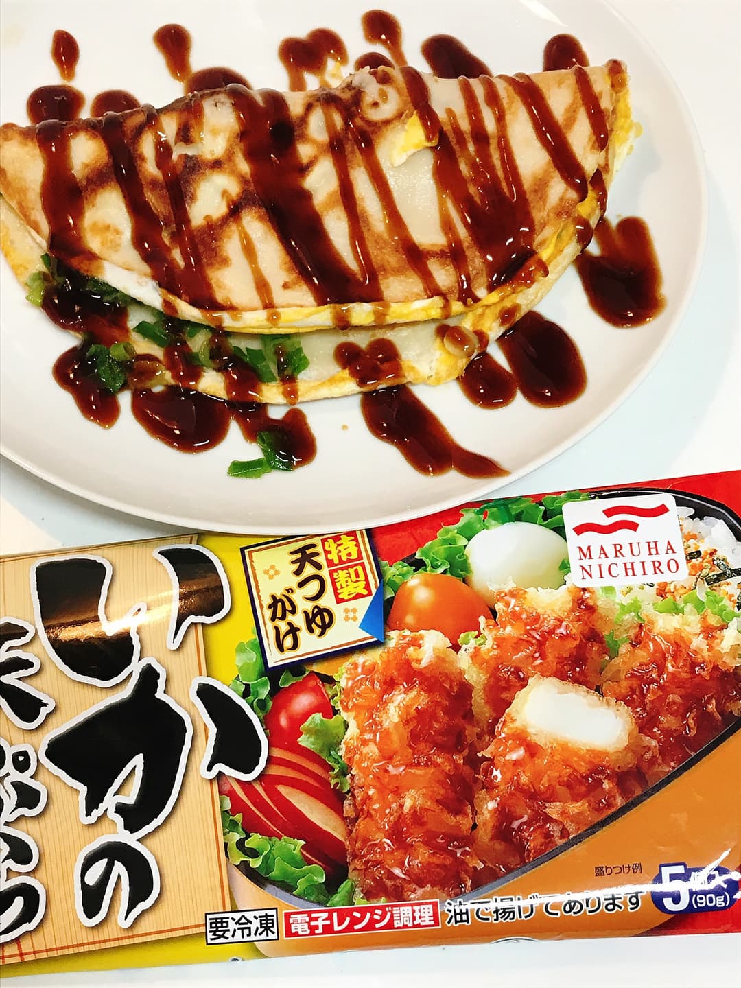 いか天をはさんだ大阪イカ焼き風の完成写真