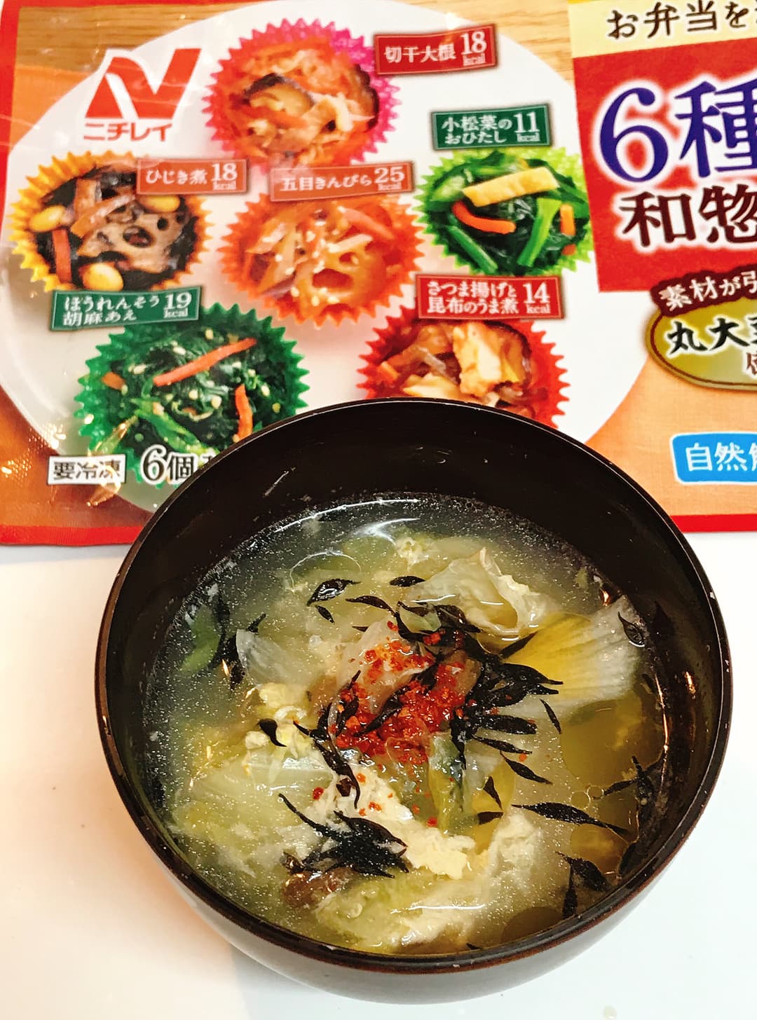 6種の和惣菜 ひじき煮とレタスの辛いスープの完成写真