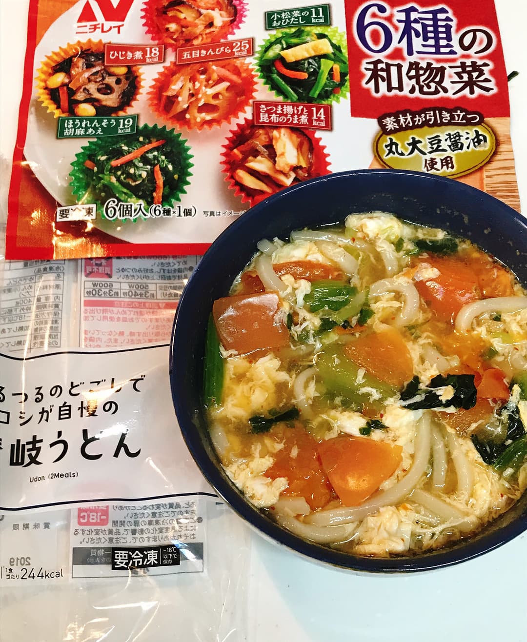 6種の和惣菜 小松菜の酸辣湯うどんの完成写真