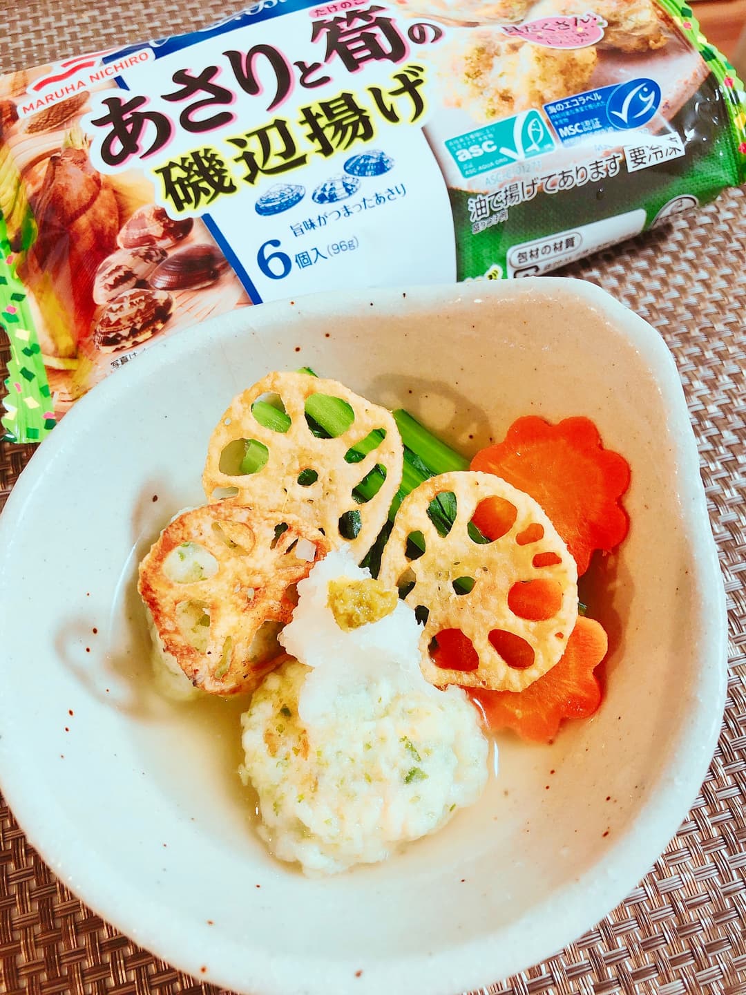 「あさりと筍の磯辺揚げ」と小松菜の銀あん仕立ての完成写真