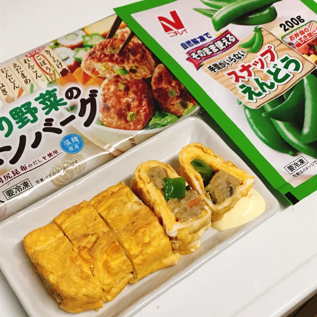 スナップえんどうと和風ハンバーグの卵焼きの完成写真