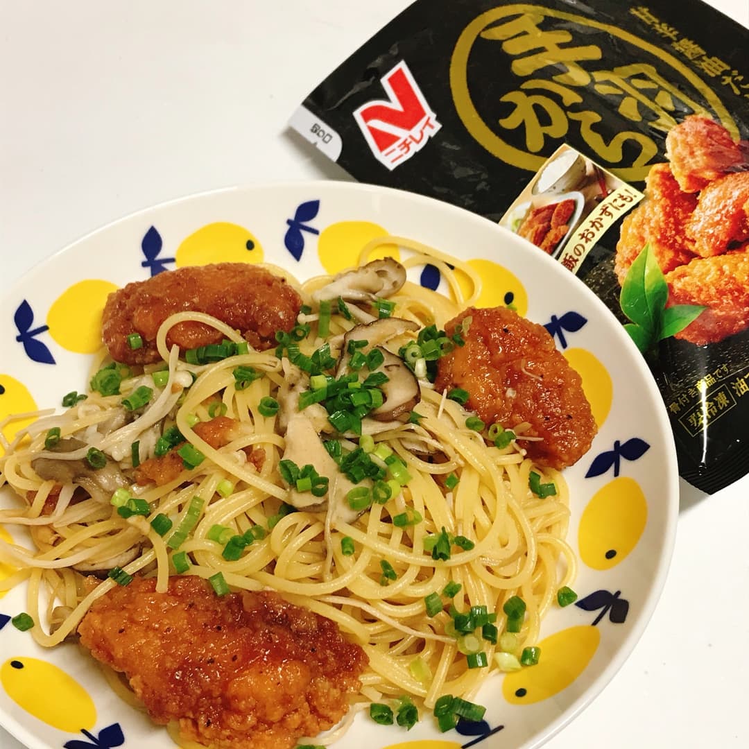手羽からの醤油バターきのこパスタの完成写真