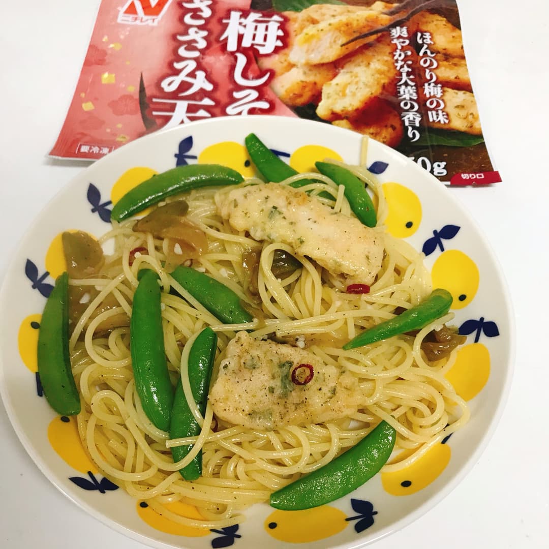梅しそささみ天とザーサイのペペロンチーノの完成写真