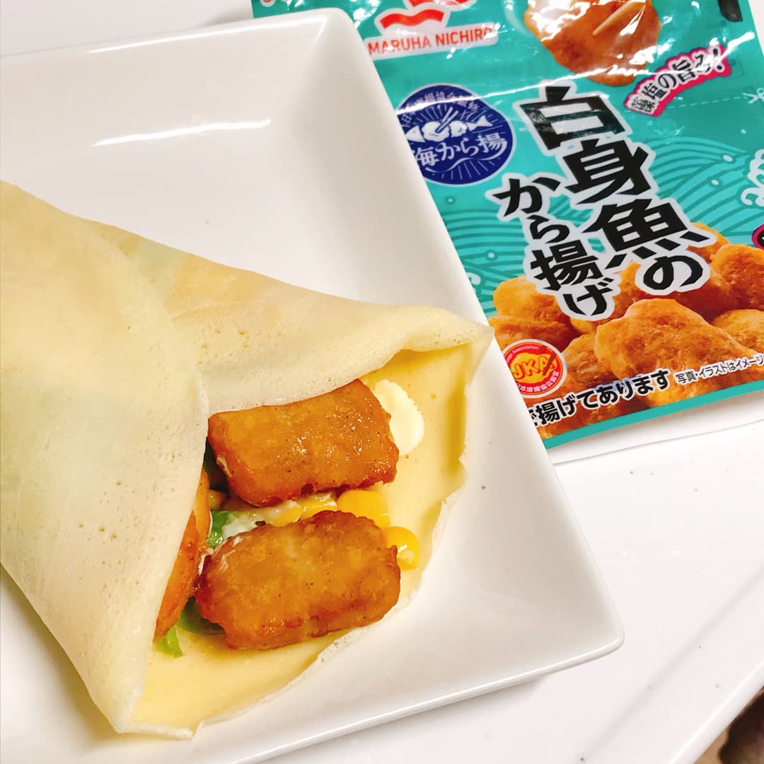 白身魚のから揚げとコーンのお食事クレープの完成写真