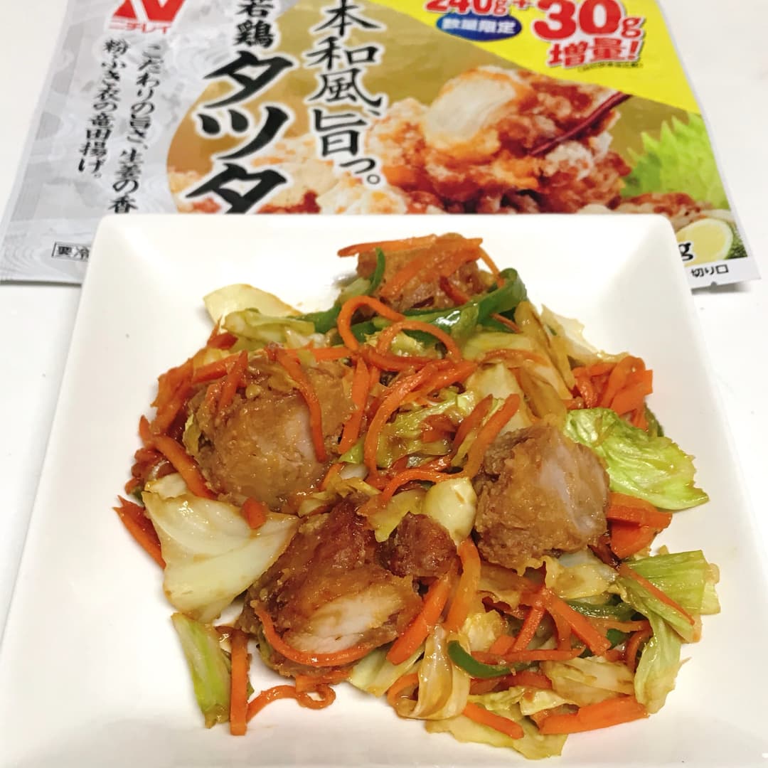 若鶏タツタとキャベツの甘味噌にんにく炒めの完成写真