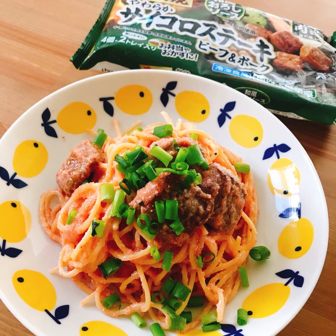 ステーキ明太パスタの完成写真