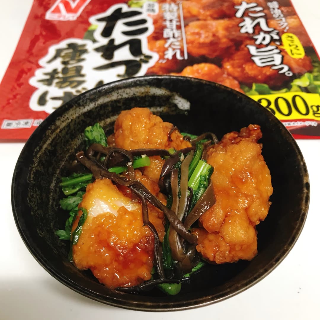 たれづけ唐揚げと春菊の煮物の完成写真