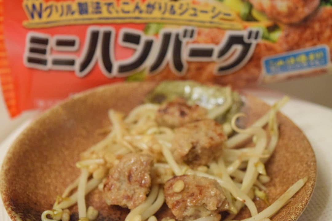 ハンバーグともやしの麺つゆ炒めの完成写真