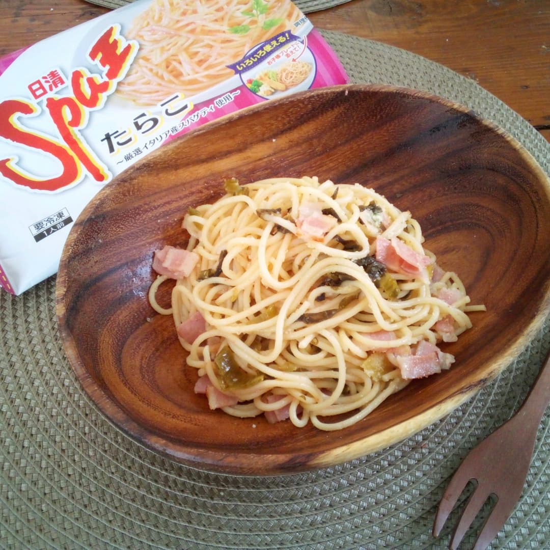 高菜とベーコンのたらこスパの完成写真