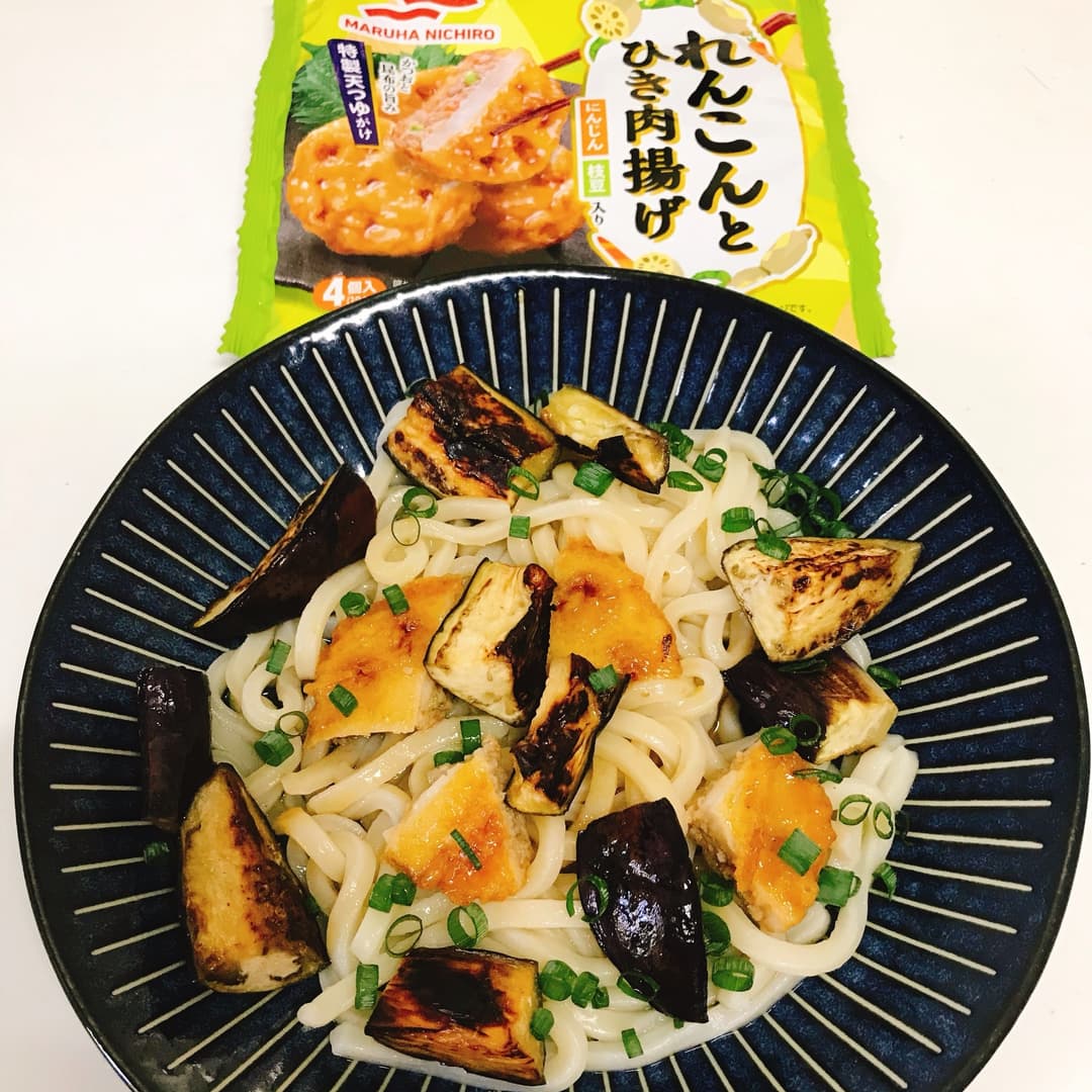 れんこんと焼なすのぶっかけうどんの完成写真