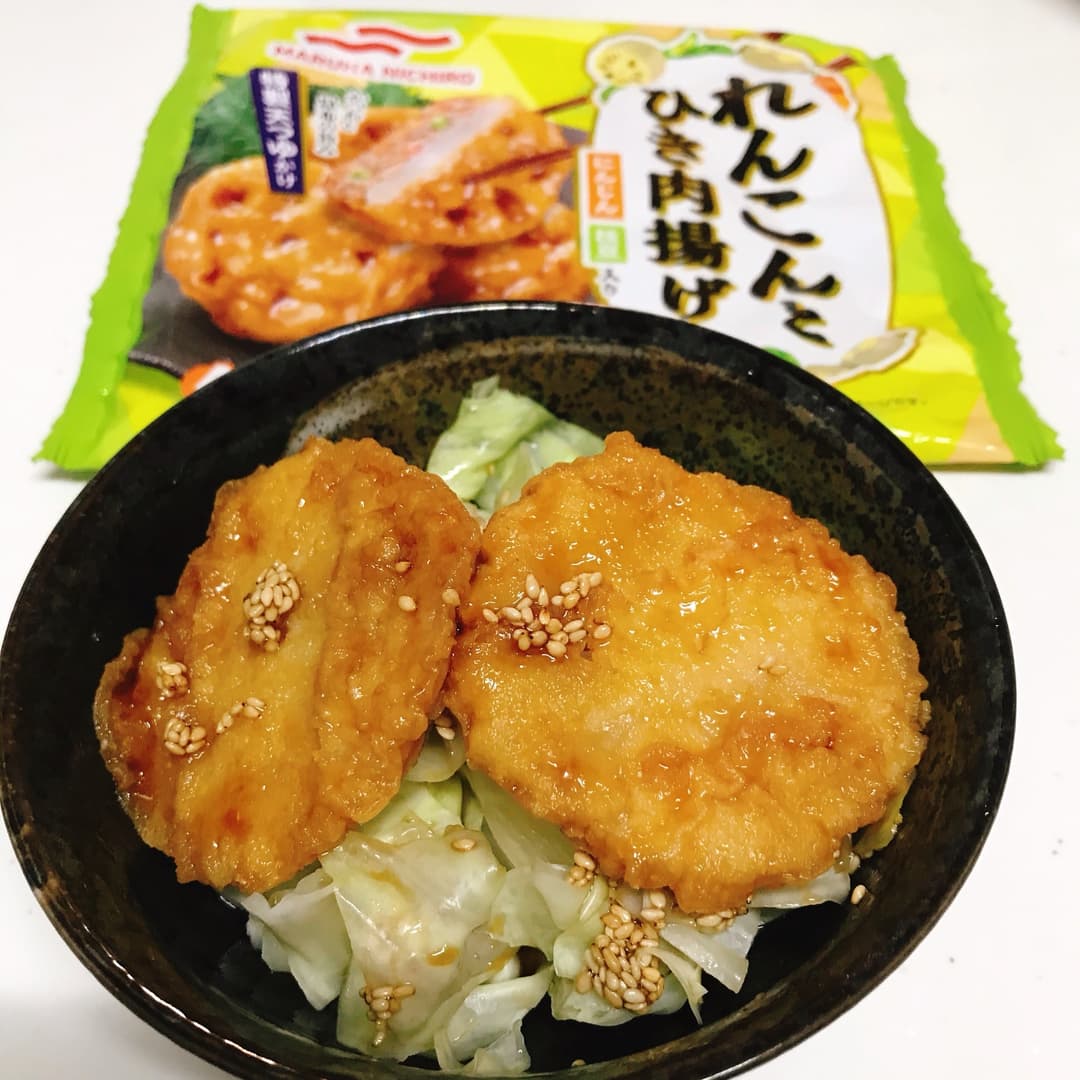 れんこん揚げと蒸しキャベツのごまポン酢和えの完成写真