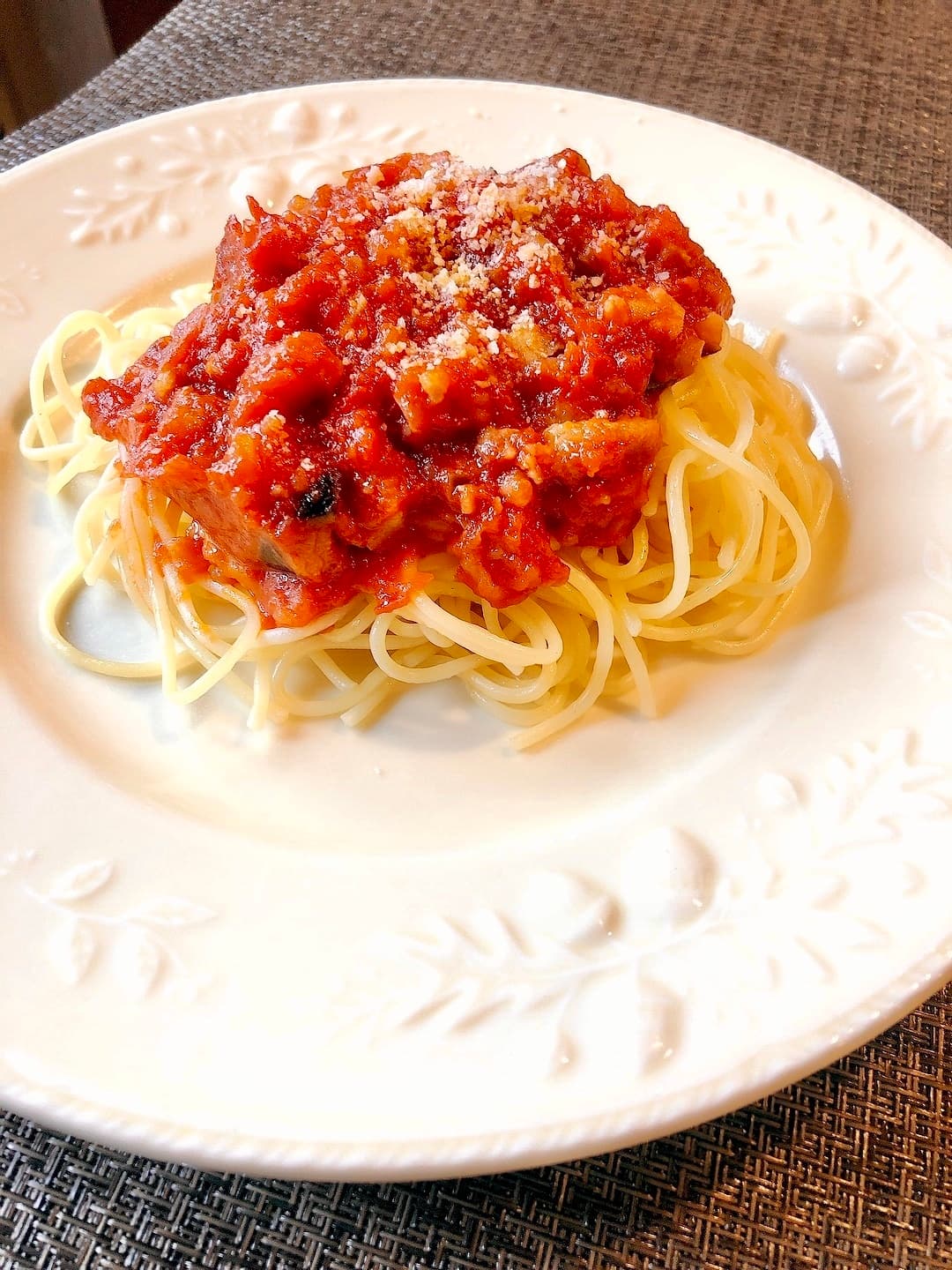 ナスひき肉はさみ揚げでミートソーススパゲティの完成写真