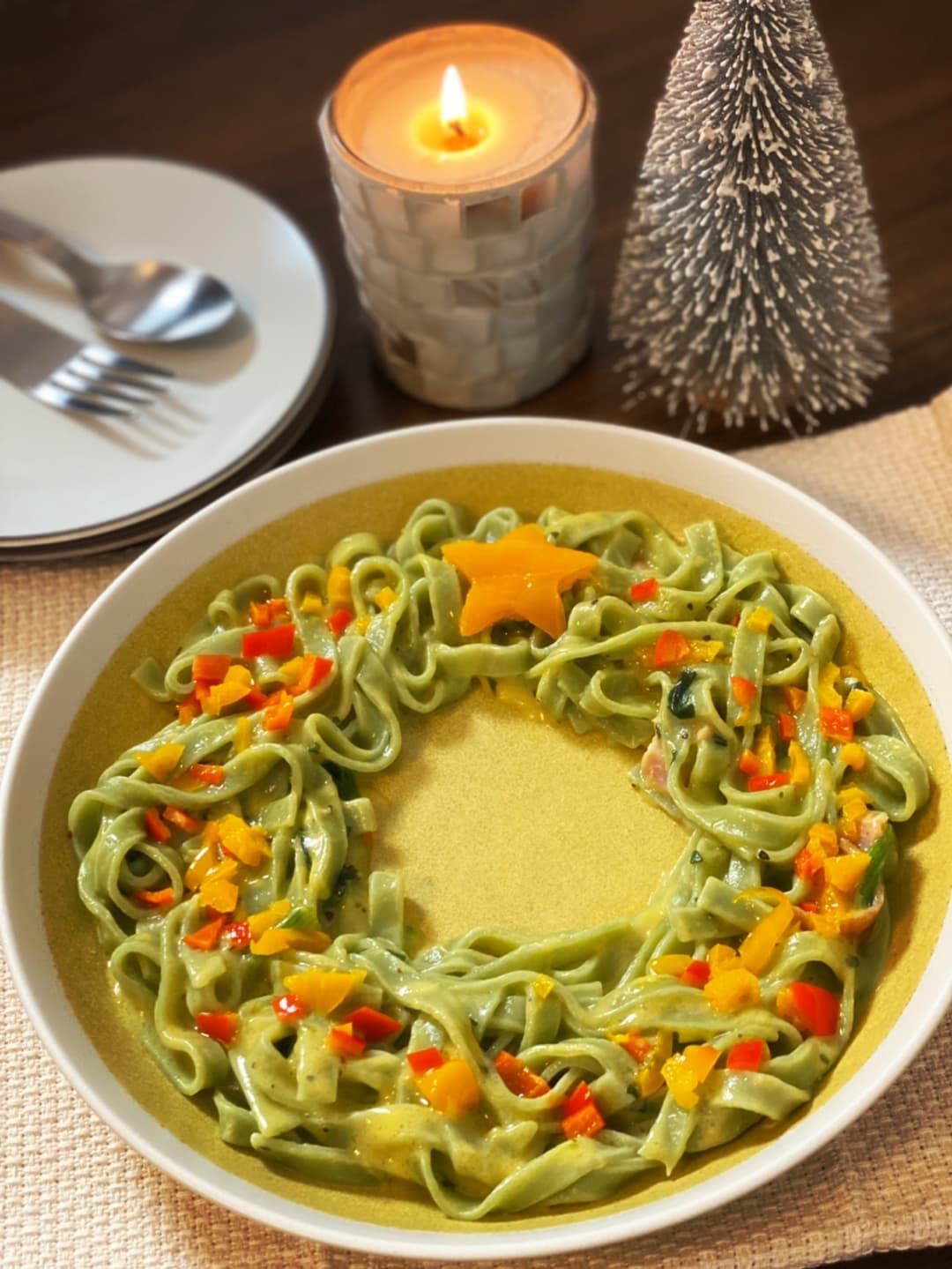 ほうれん草とベーコンのリースパスタの完成写真