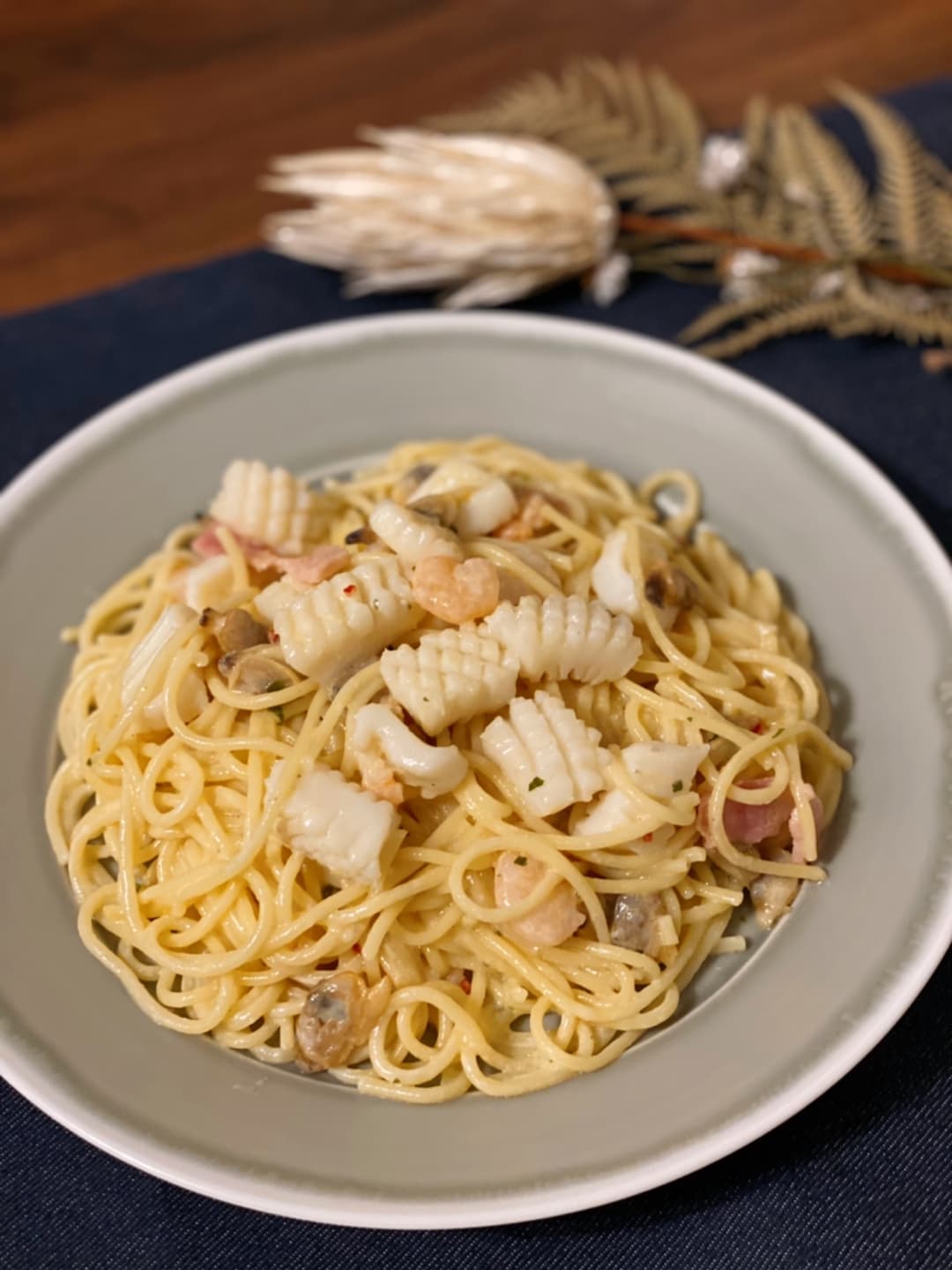 シーフードクリームパスタの完成写真