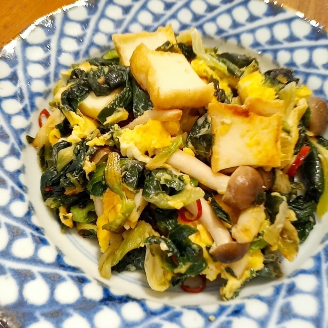青菜と厚揚げとしめじの中華炒めの完成写真