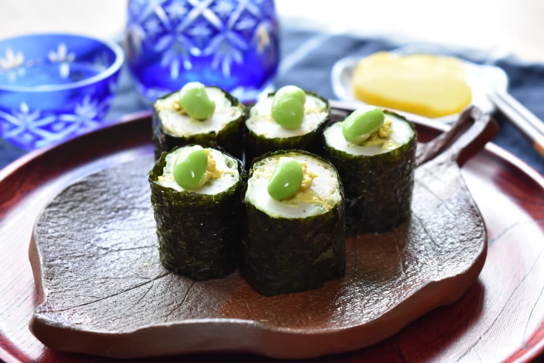 カレーチーズ挟みのちくわの磯辺揚げ海苔巻きの完成写真
