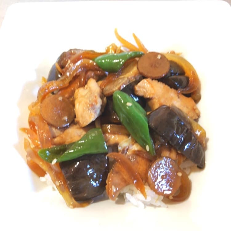 なすと鶏胸肉の生姜焼き丼の完成写真