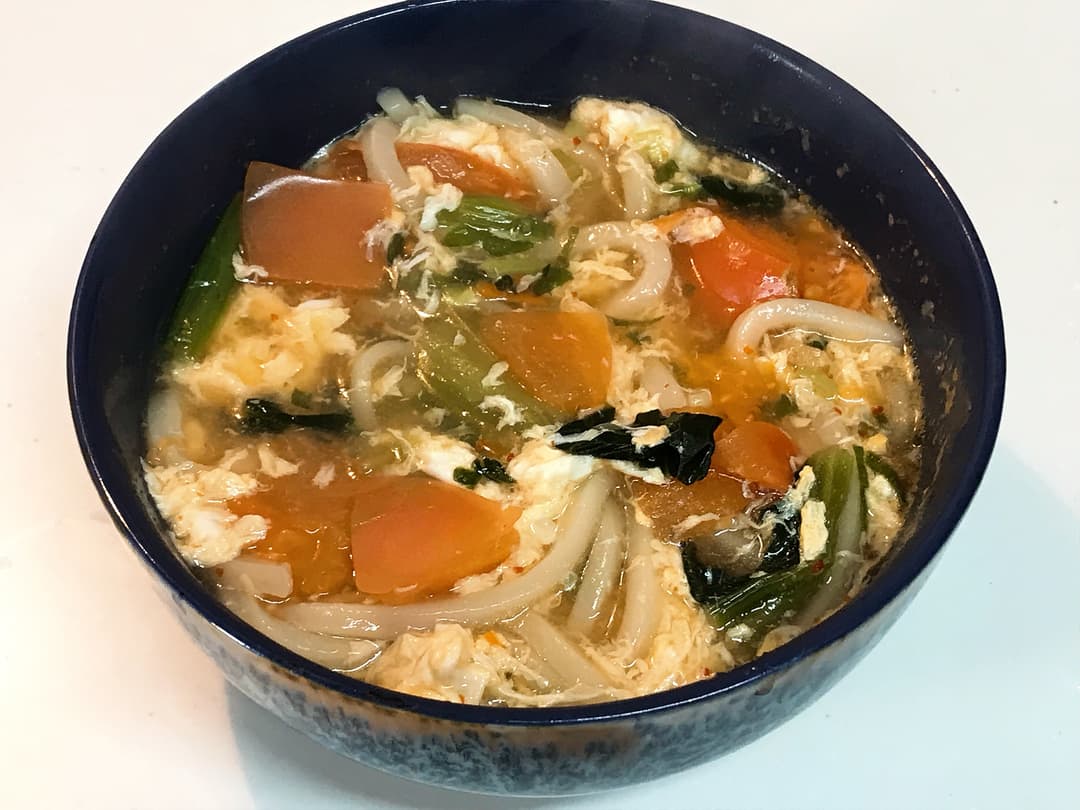 6種の和惣菜 小松菜の酸辣湯うどんの完成写真