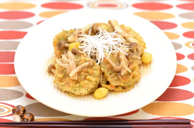 きのこたっぷりれんこんひき肉はさみ揚げの完成写真