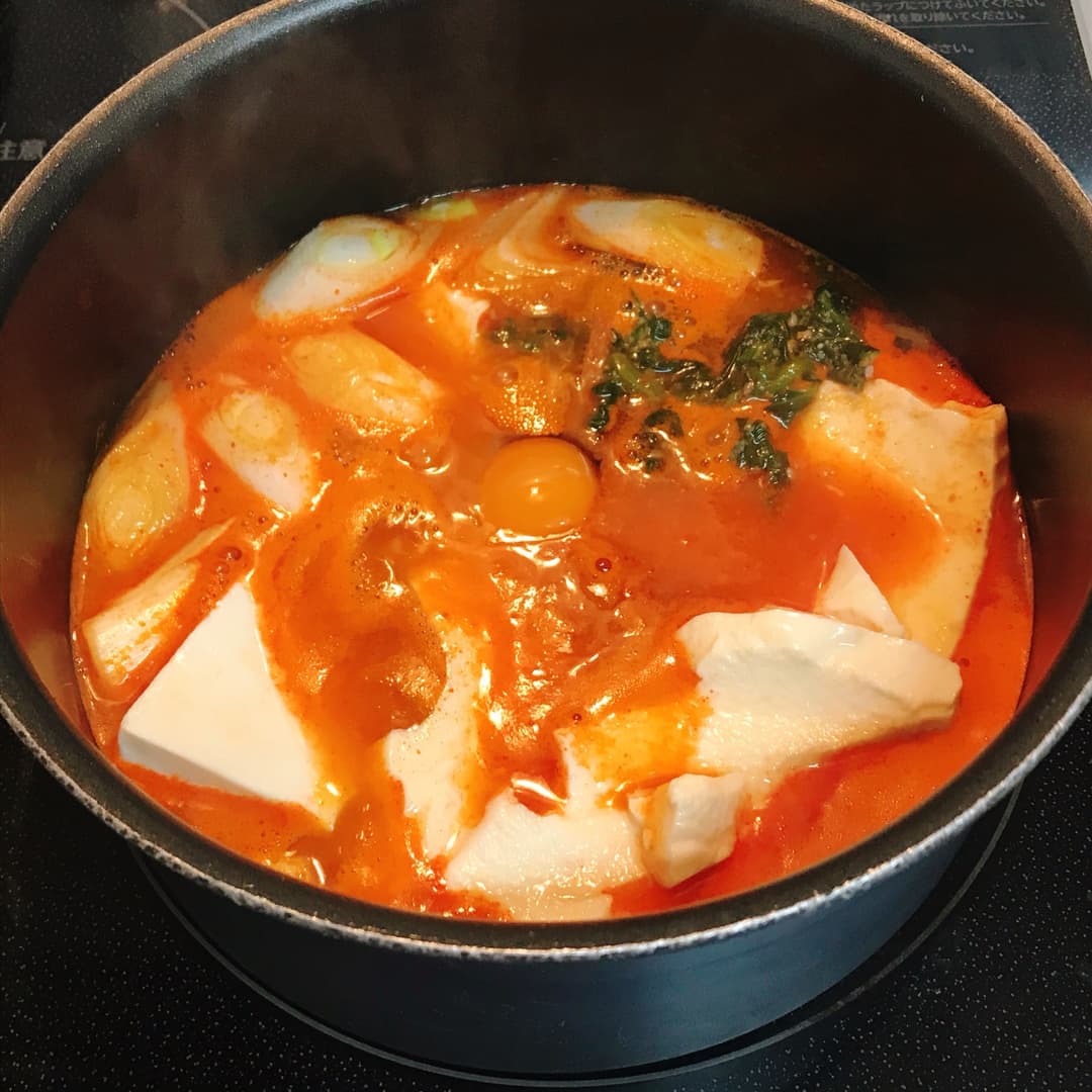 ほうれん草の純豆腐チゲの完成写真