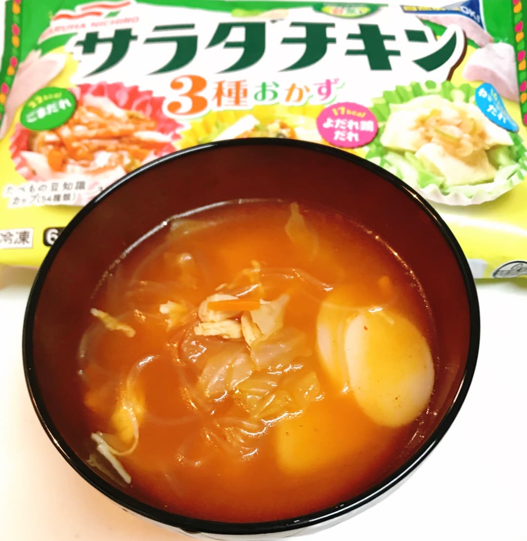 レンジで作るサラダチキンの韓国風スープの完成写真