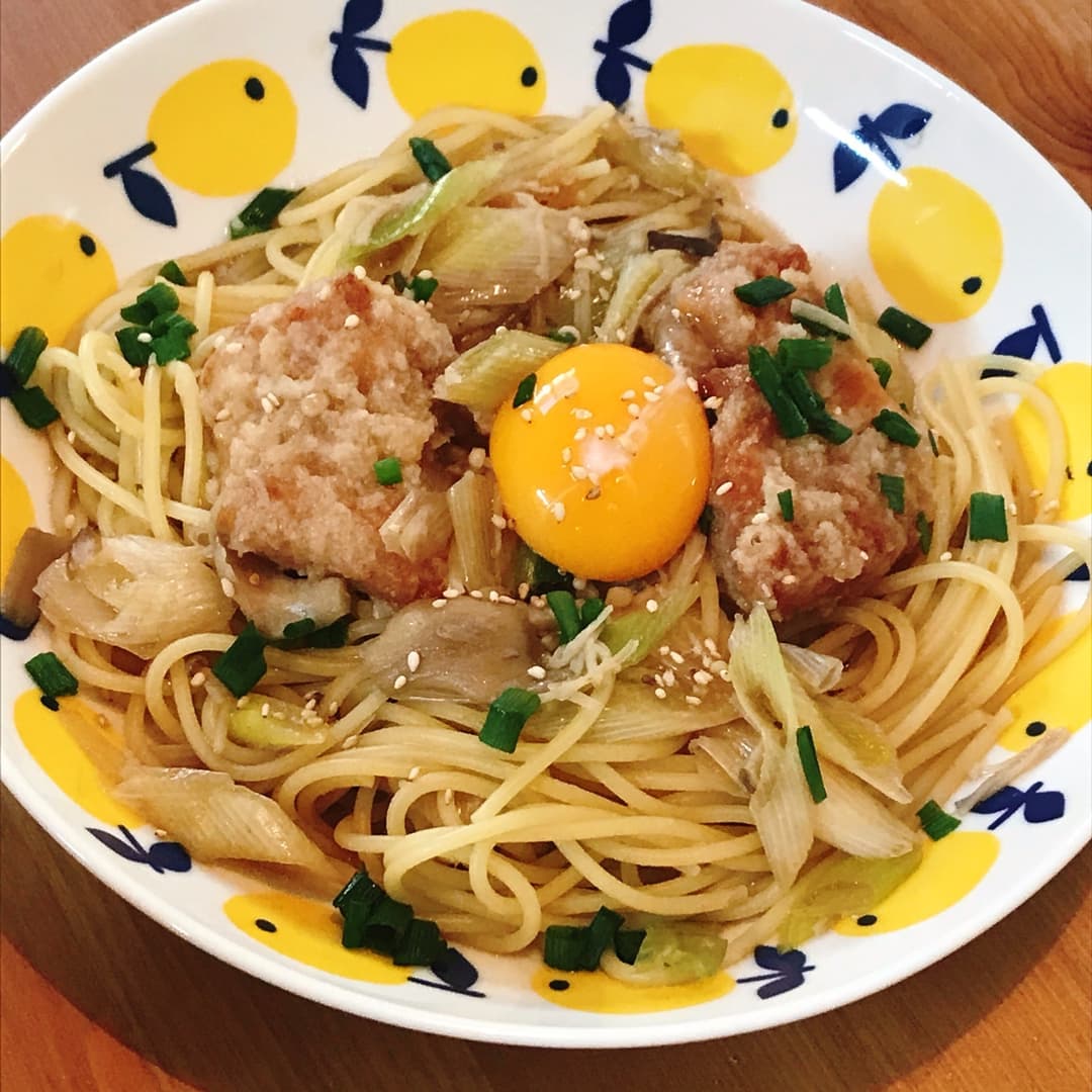 若鶏タツタのすき焼きパスタの完成写真