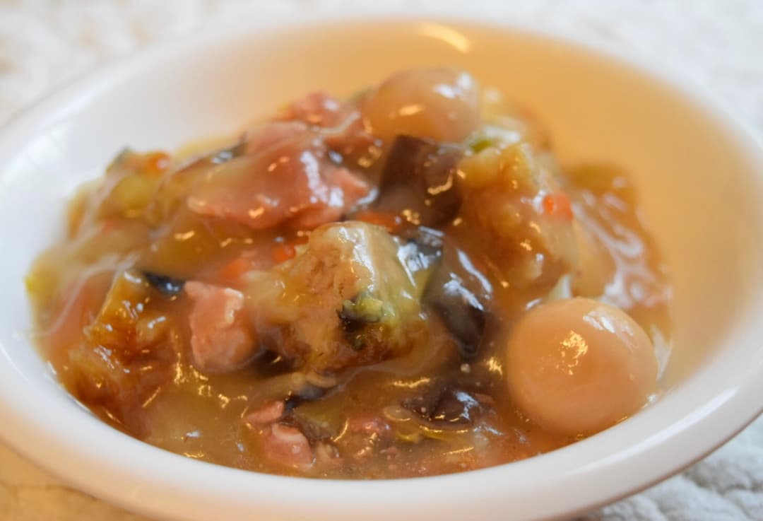 なすひき肉はさみ揚げの中華丼の完成写真