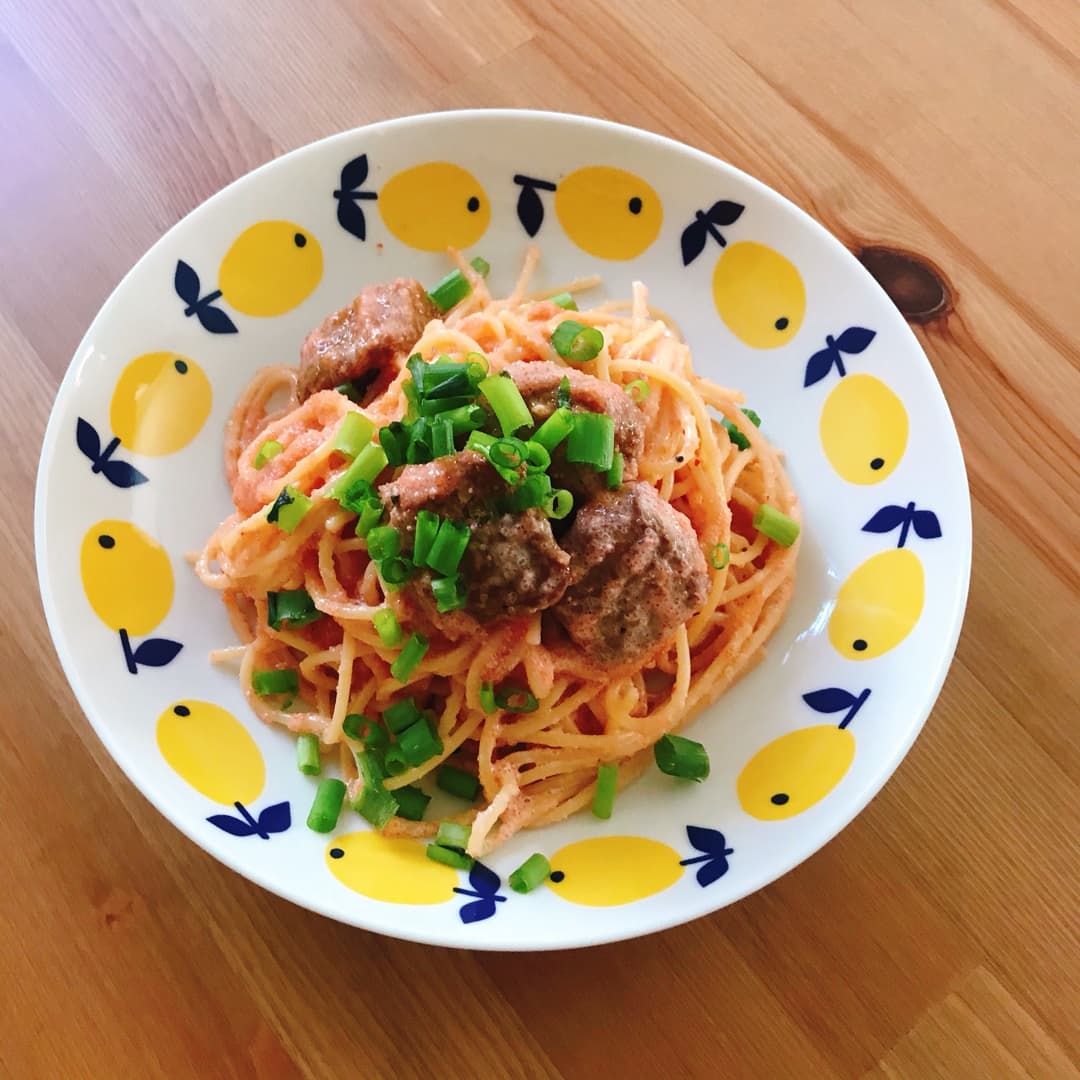 ステーキ明太パスタの完成写真