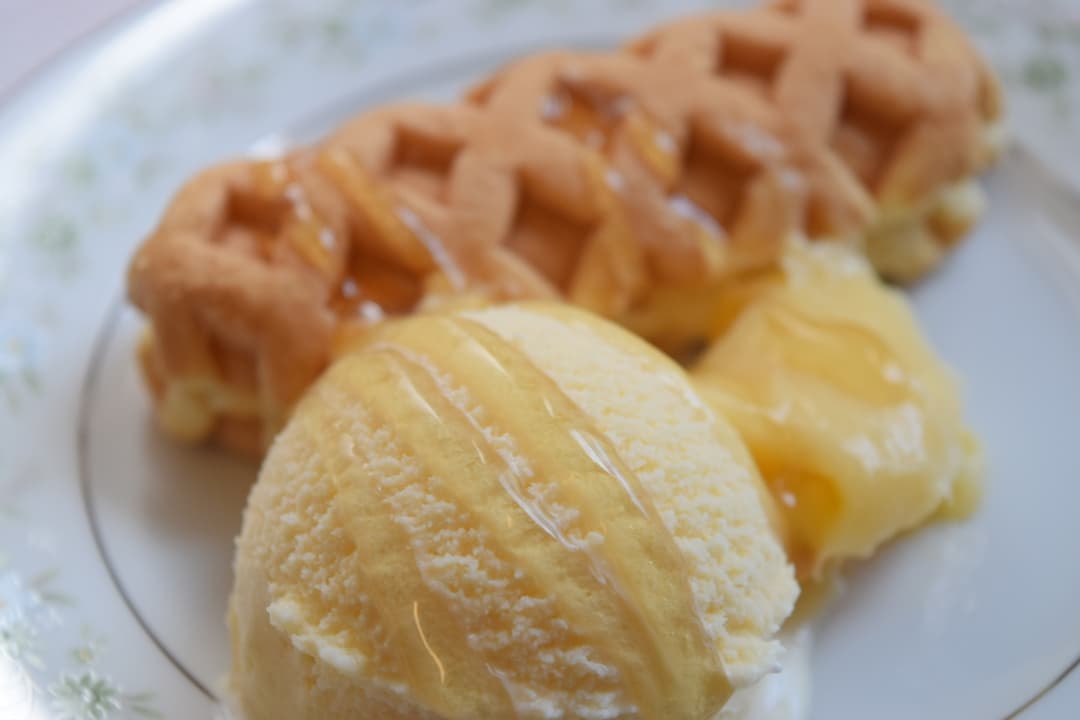 チーズワッフルのバニラアイス添えの完成写真