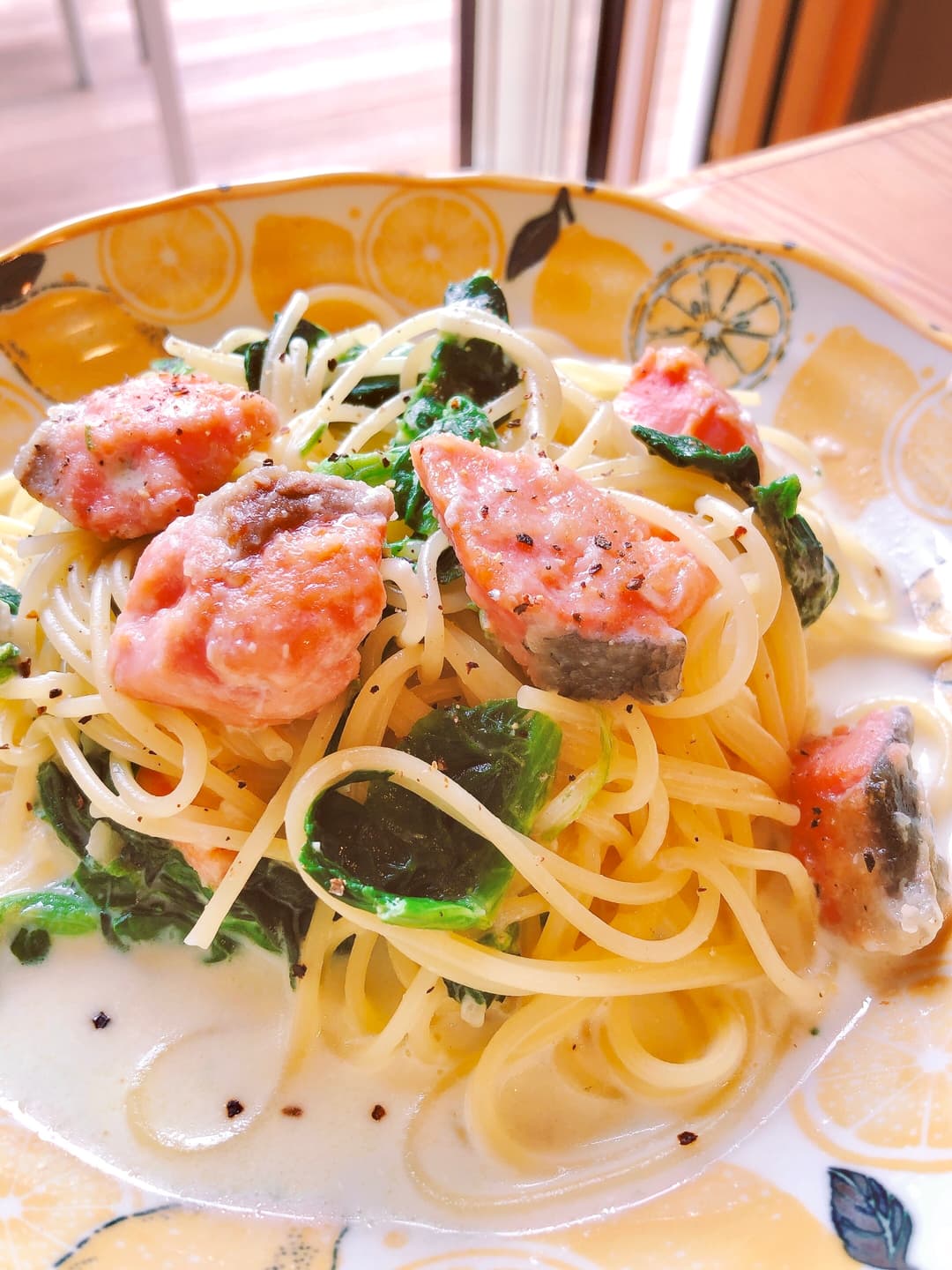 鮭とほうれん草のクリームパスタの完成写真