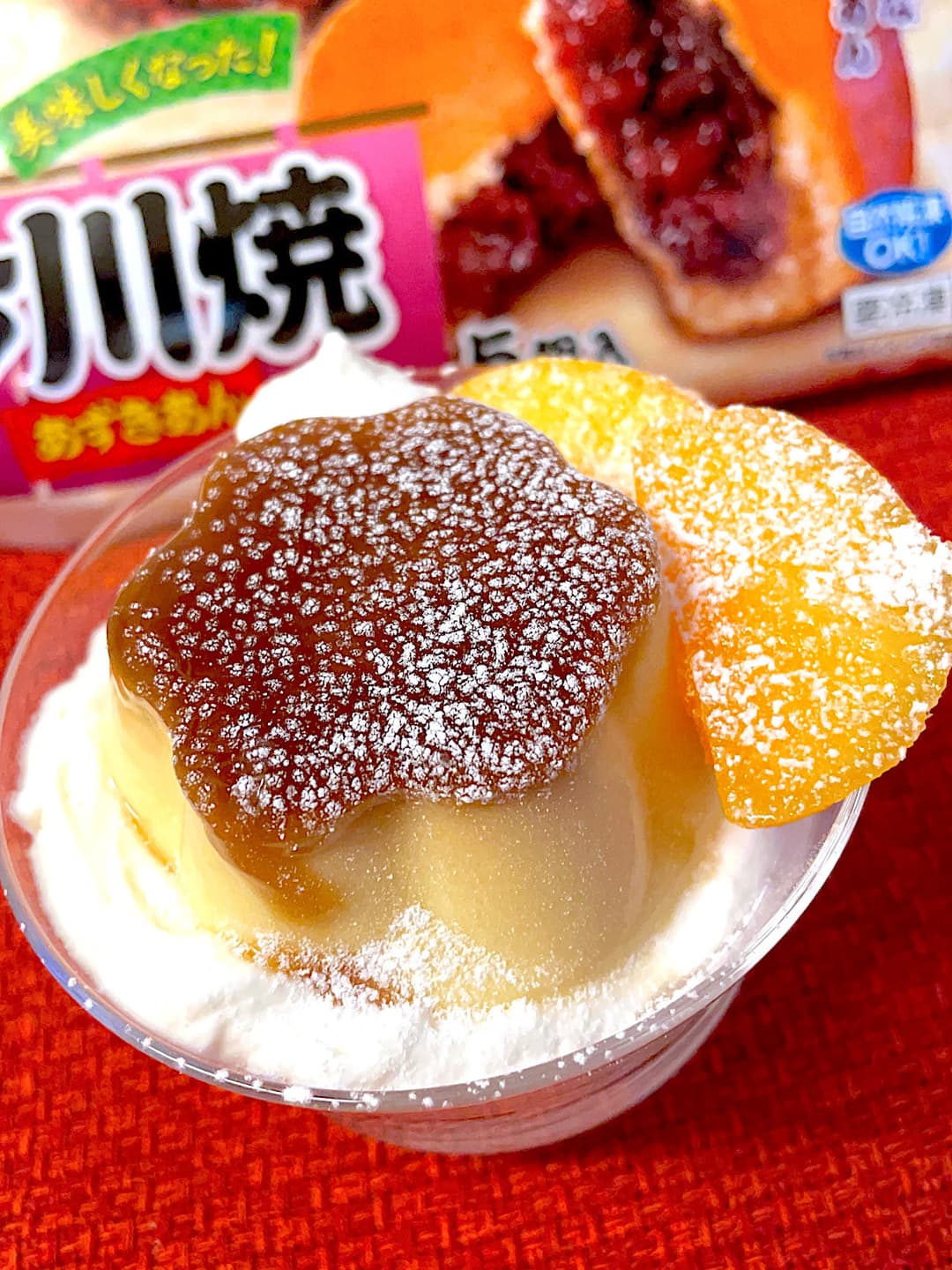 今川焼の黄桃プリンパフェの完成写真