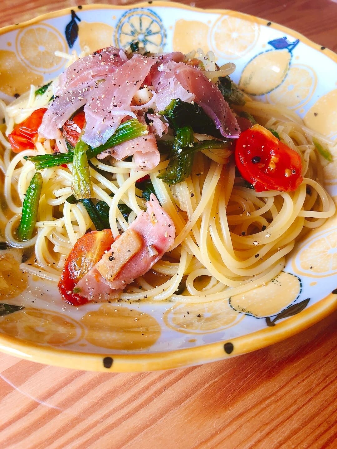 ほうれん草と生ハムのスパゲティの完成写真