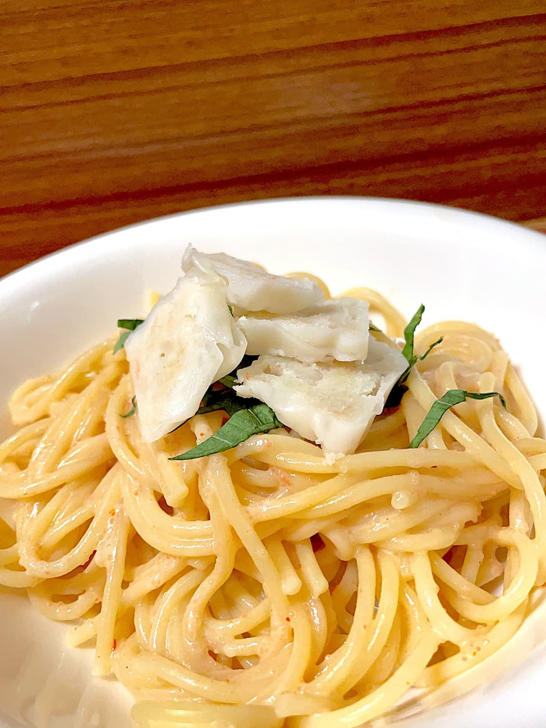 えび焼売と大葉のたらこパスタの完成写真