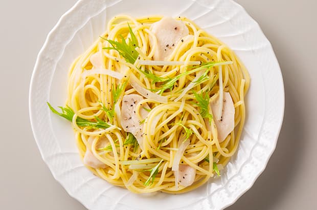 水菜とチキンの冷製和風パスタの完成写真
