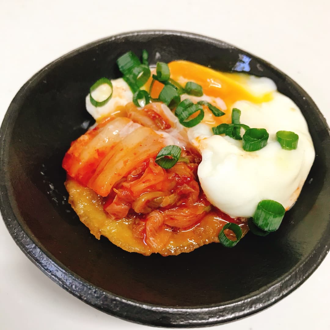 れんこんとひき肉揚げのキム温玉の完成写真