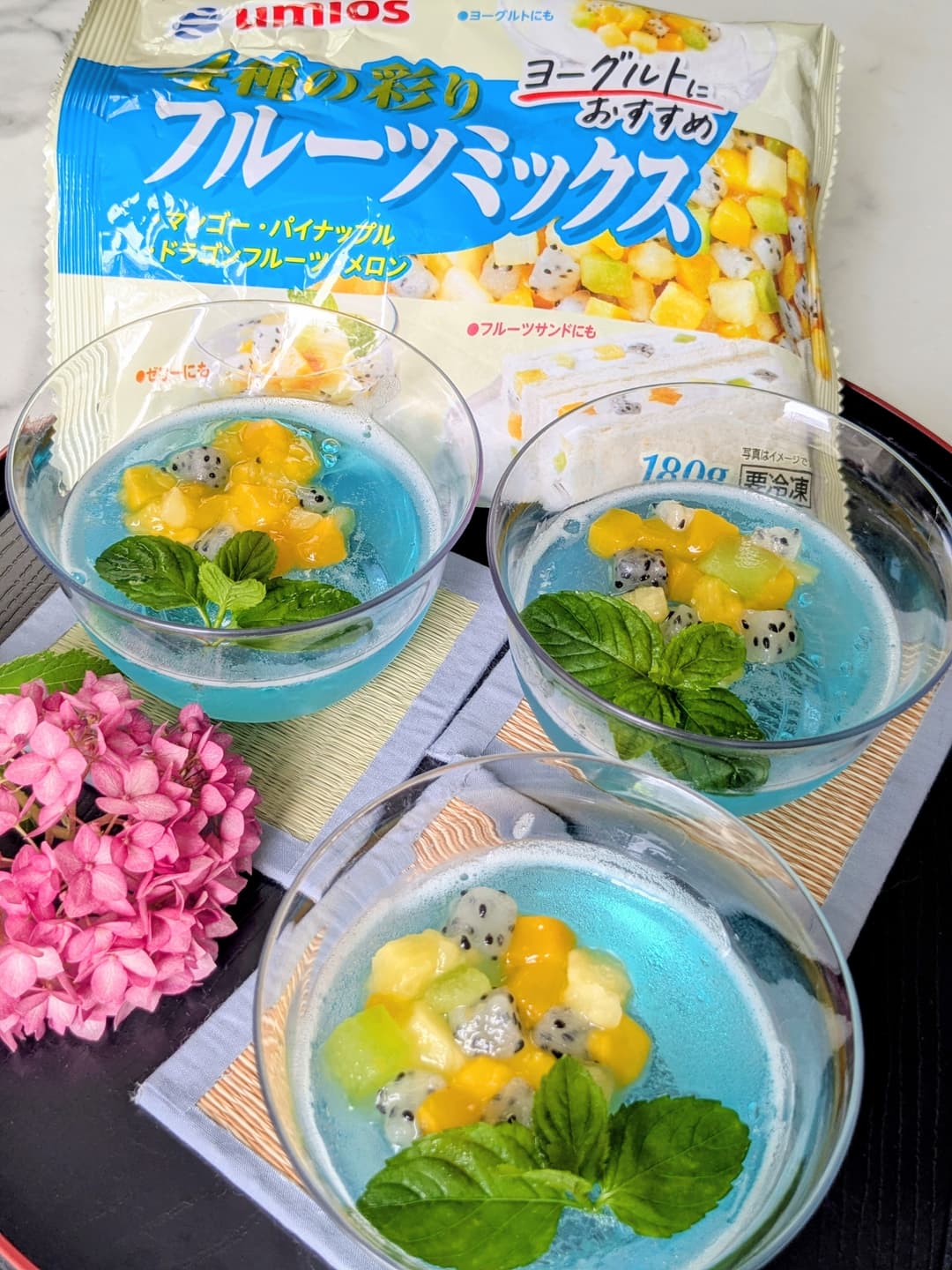 彩りフルーツミックスの紫陽花ゼリーの完成写真